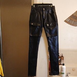 MNML Black Cargo Faux Leather Pants For MEN. SZ.28